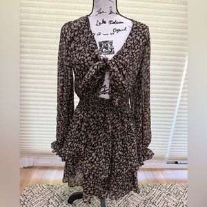 Black and Cream Long Sleeve Dress with Front Tie
